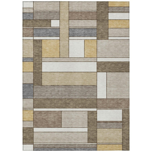 10' X 14' Beige And Brown Geometric Washable Indoor Outdoor Area Rug