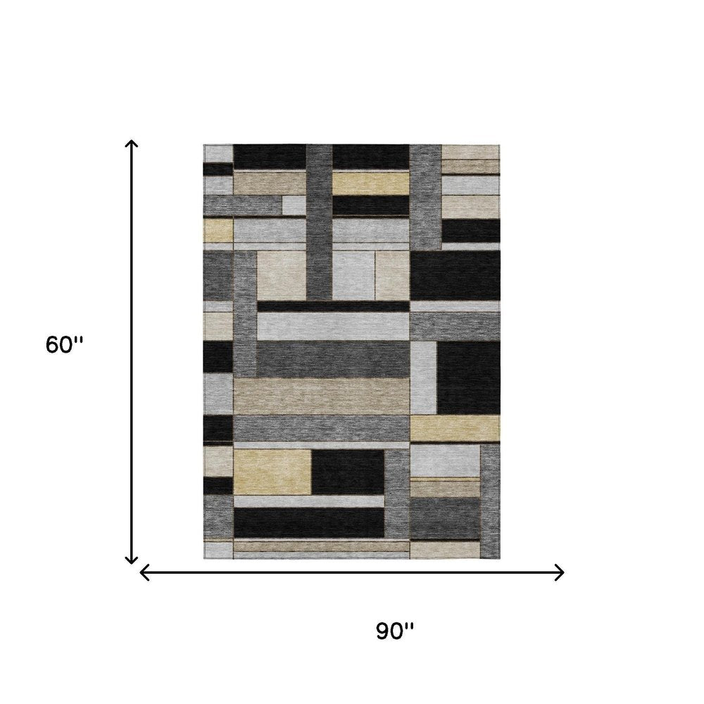 5' X 8' Black And Graphite Geometric Washable Indoor Outdoor Area Rug HomeRoots