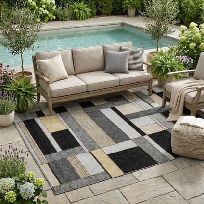 5' X 8' Black And Graphite Geometric Washable Indoor Outdoor Area Rug HomeRoots