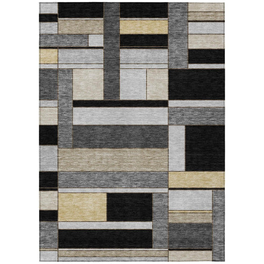 5' X 8' Black And Graphite Geometric Washable Indoor Outdoor Area Rug