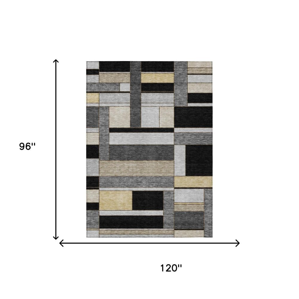 8' X 10' Black And Graphite Geometric Washable Indoor Outdoor Area Rug — view 5