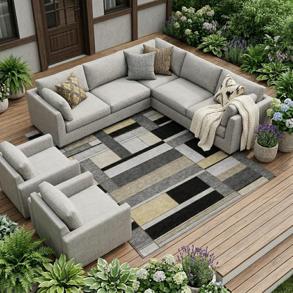 9' X 12' Black And Graphite Geometric Washable Indoor Outdoor Area Rug — view 5
