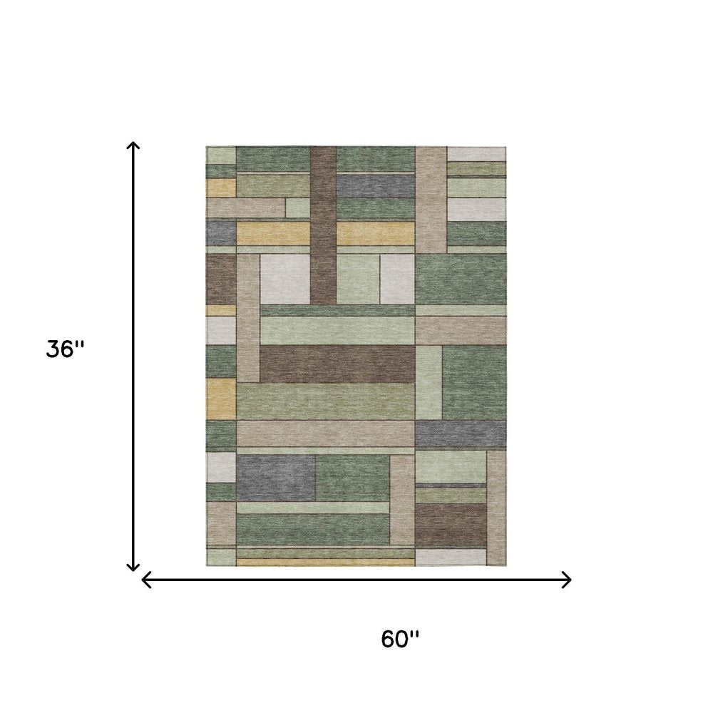 3' X 5' Green And Beige Geometric Washable Indoor Outdoor Area Rug