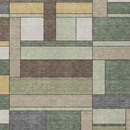3' X 5' Green And Beige Geometric Washable Indoor Outdoor Area Rug