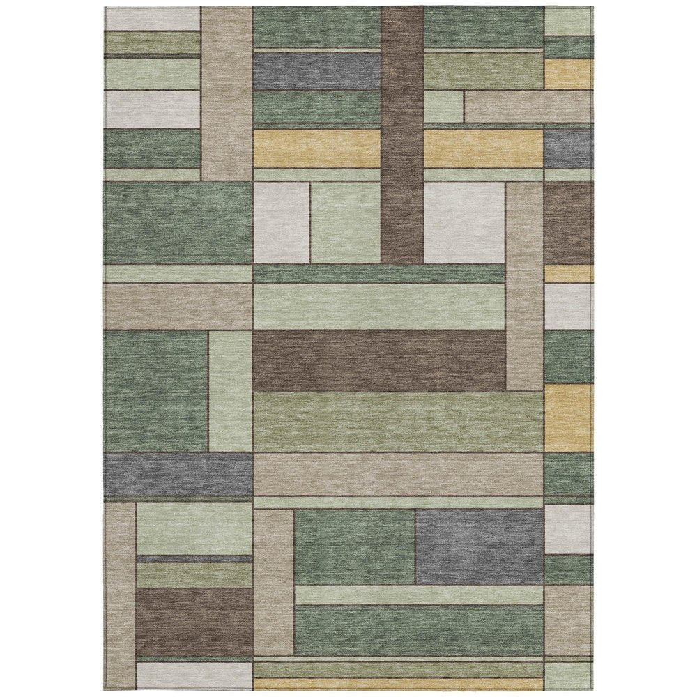 3' X 5' Green And Beige Geometric Washable Indoor Outdoor Area Rug