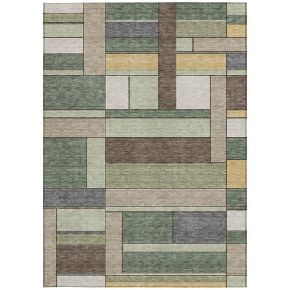 3' X 5' Green And Beige Geometric Washable Indoor Outdoor Area Rug