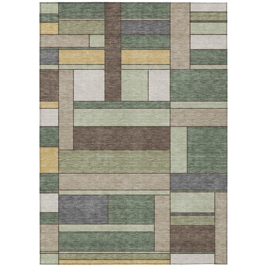 3' X 5' Green And Beige Geometric Washable Indoor Outdoor Area Rug