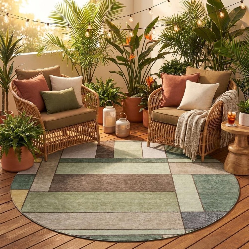 8' Green And Beige Round Geometric Washable Indoor Outdoor Area Rug — view 5