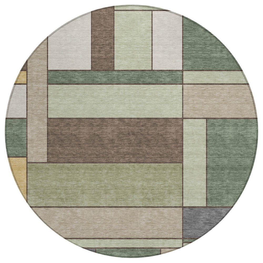 8' Green And Beige Round Geometric Washable Indoor Outdoor Area Rug HomeRoots