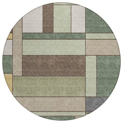 8' Green And Beige Round Geometric Washable Indoor Outdoor Area Rug HomeRoots