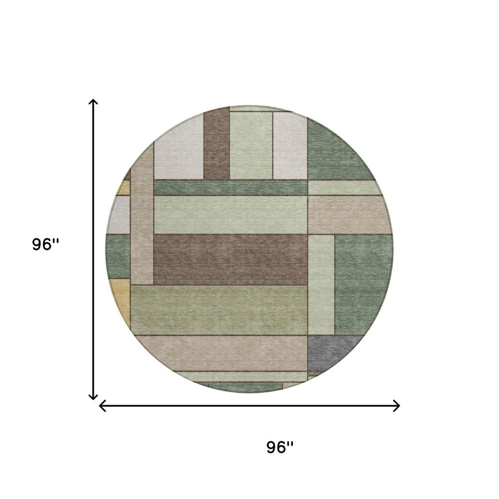8' Green And Beige Round Geometric Washable Indoor Outdoor Area Rug — view 4