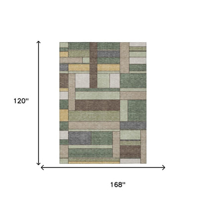 10' X 14' Green And Beige Geometric Washable Indoor Outdoor Area Rug HomeRoots