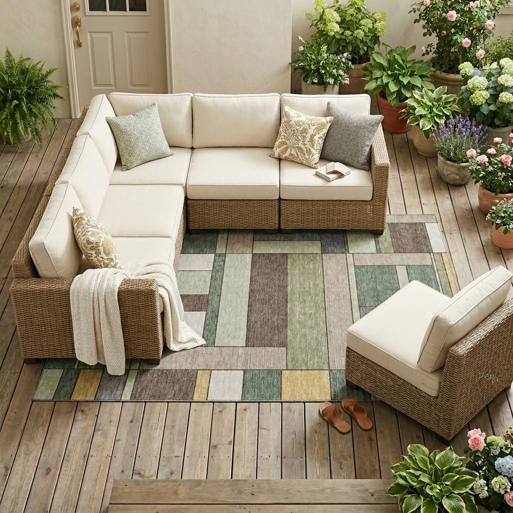 10' X 14' Green And Beige Geometric Washable Indoor Outdoor Area Rug — view 5