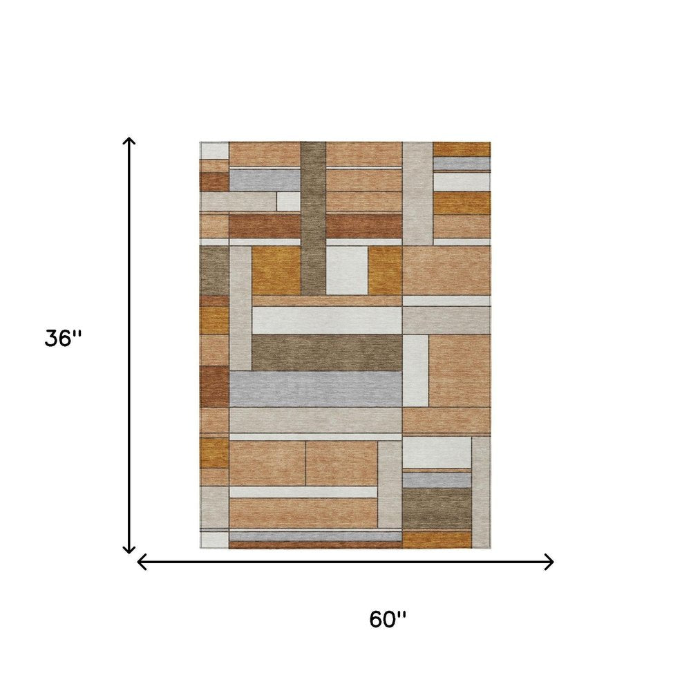 3' X 5' Copper And Orange Geometric Washable Indoor Outdoor Area Rug — view 4