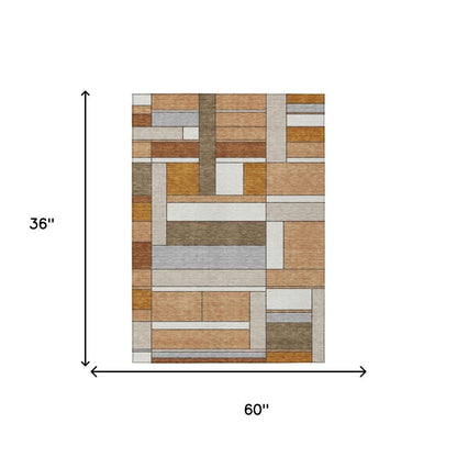 3' X 5' Copper And Orange Geometric Washable Indoor Outdoor Area Rug
