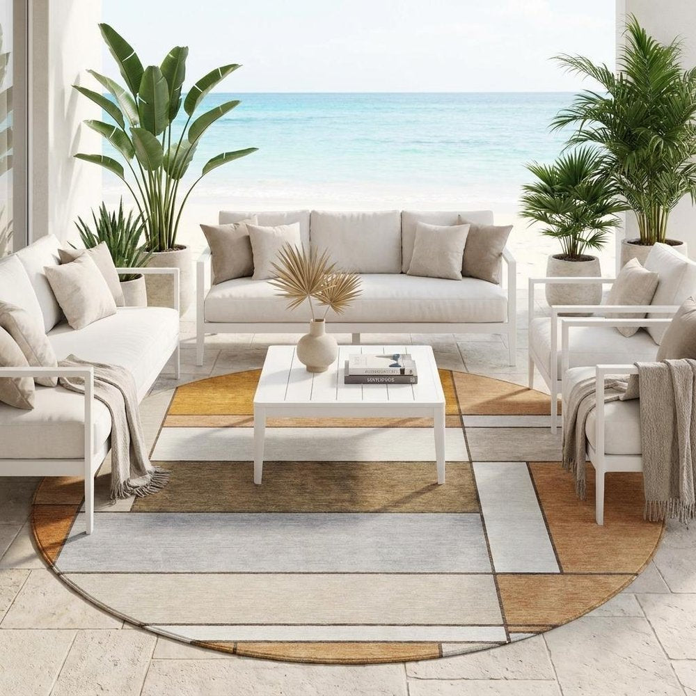 8' Copper And Orange Round Geometric Washable Indoor Outdoor Area Rug — view 5