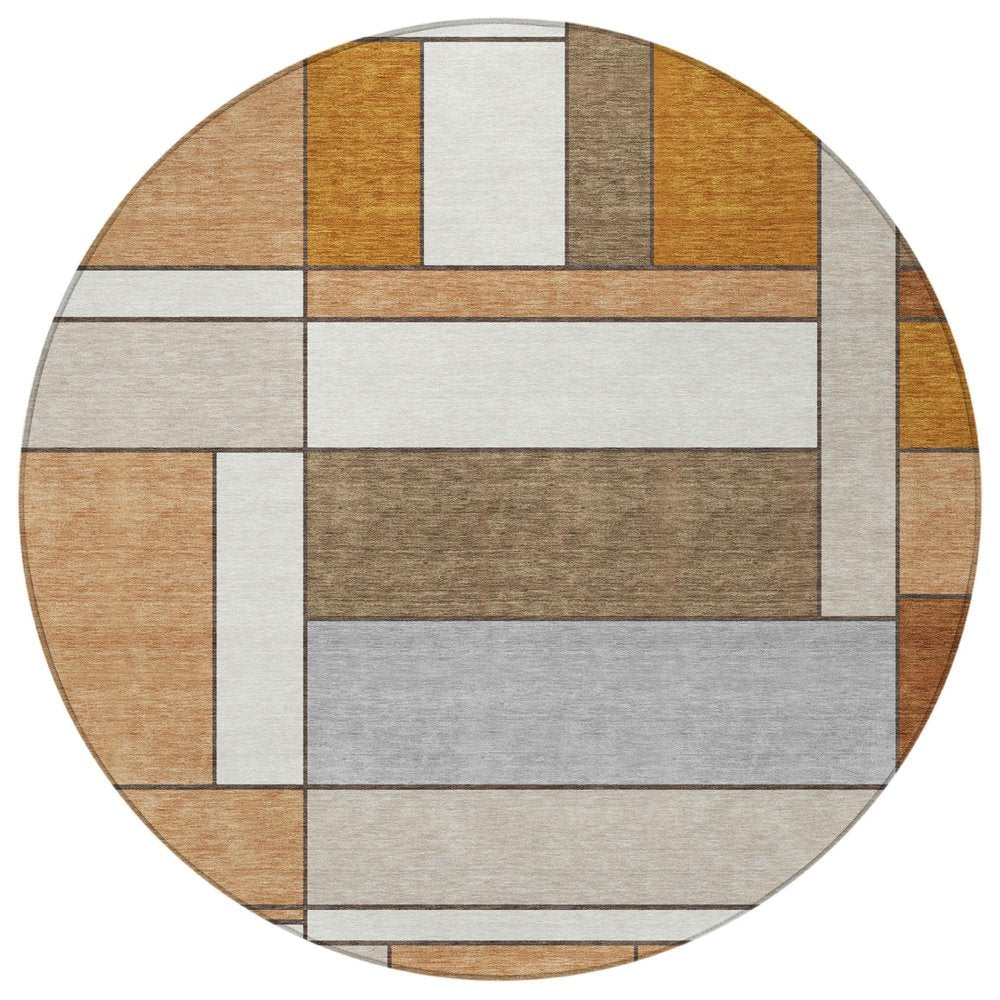 8' Copper And Orange Round Geometric Washable Indoor Outdoor Area Rug