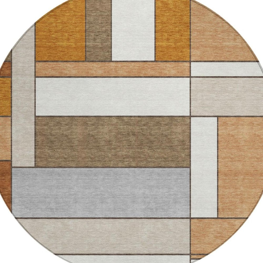 8' Copper And Orange Round Geometric Washable Indoor Outdoor Area Rug — view 8