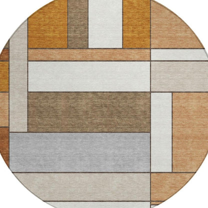 8' Copper And Orange Round Geometric Washable Indoor Outdoor Area Rug