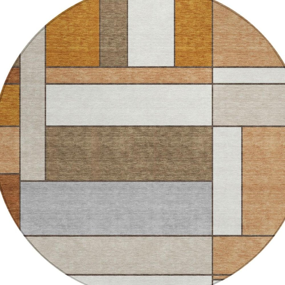8' Copper And Orange Round Geometric Washable Indoor Outdoor Area Rug — view 9