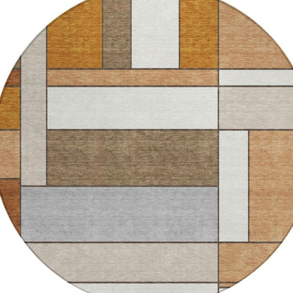 8' Copper And Orange Round Geometric Washable Indoor Outdoor Area Rug