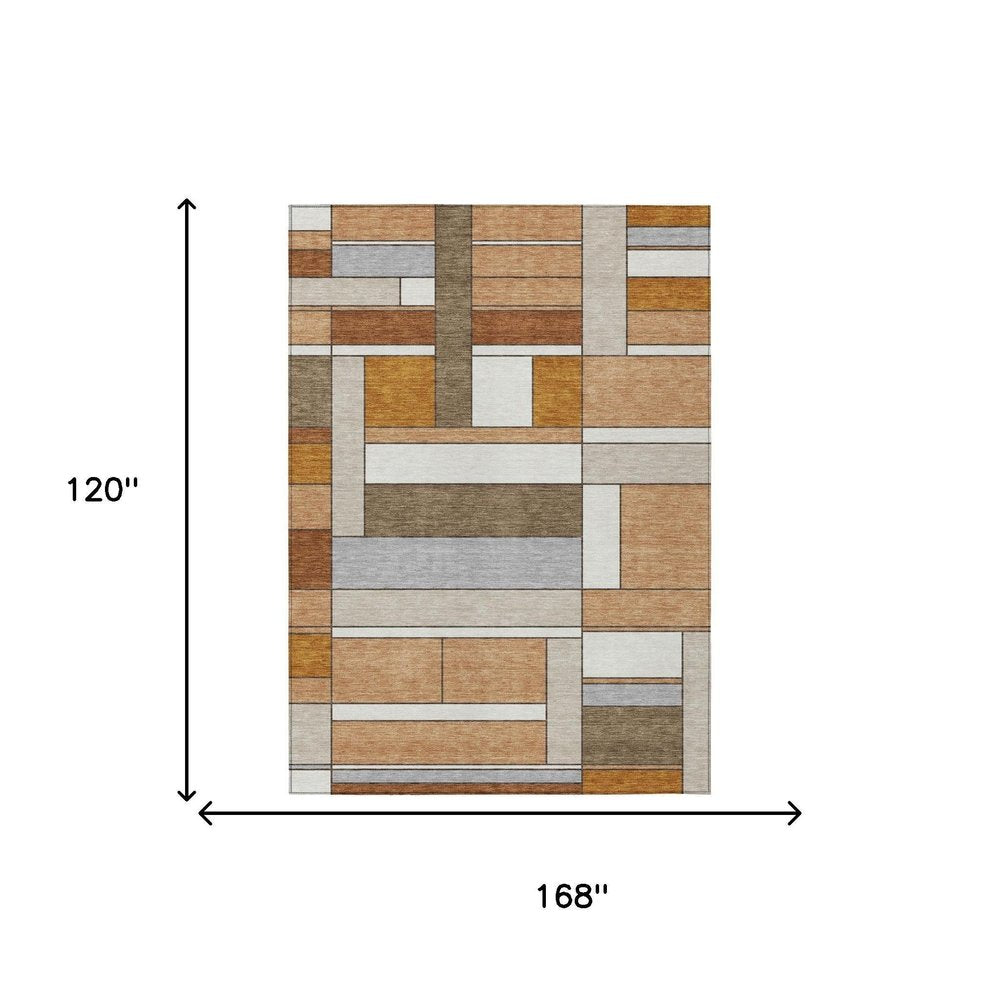 10' X 14' Copper And Orange Geometric Washable Indoor Outdoor Area Rug — view 4