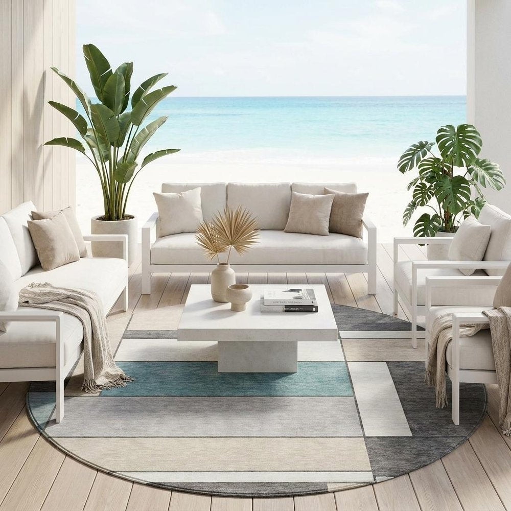 8' Gray And Graphite Round Geometric Washable Indoor Outdoor Area Rug — view 5
