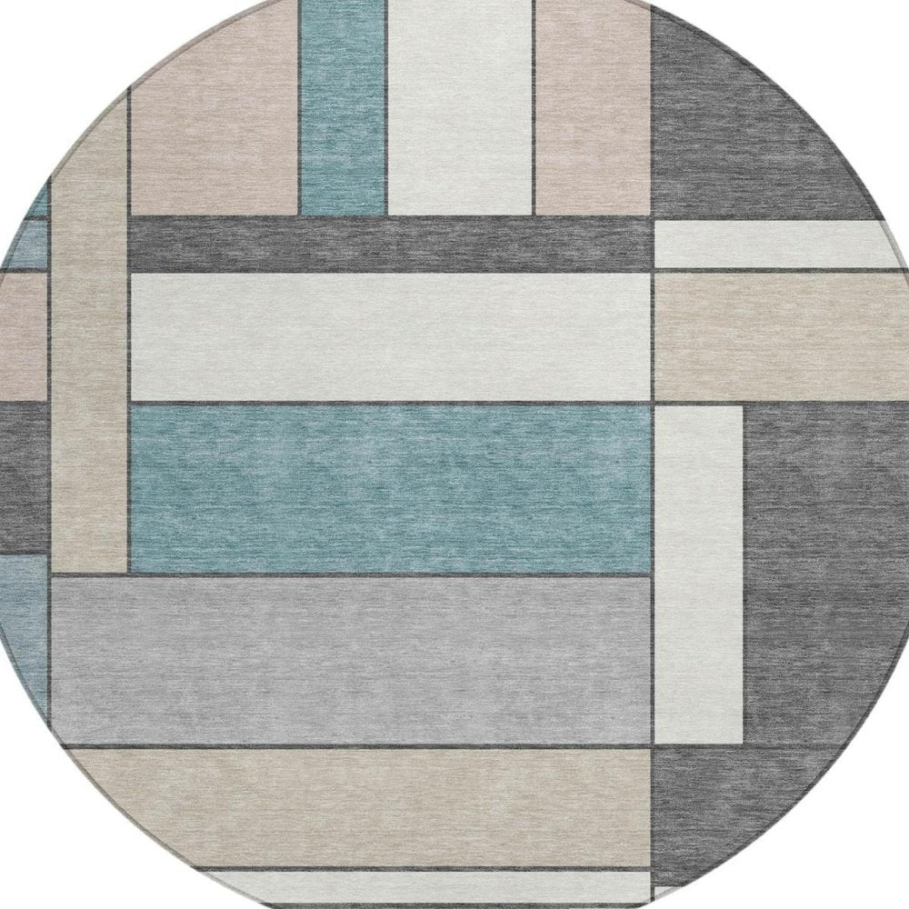 8' Gray And Graphite Round Geometric Washable Indoor Outdoor Area Rug — view 7