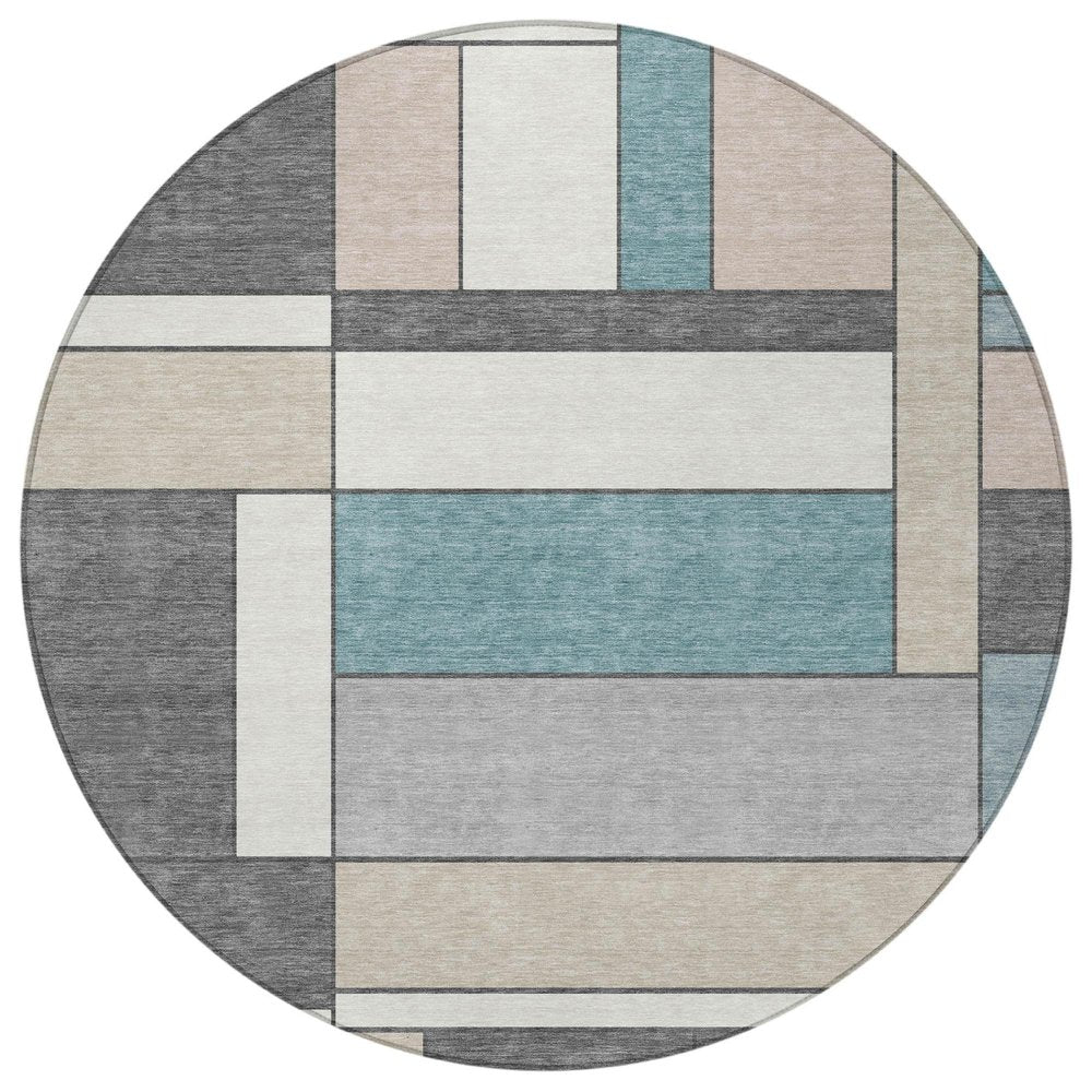 8' Gray And Graphite Round Geometric Washable Indoor Outdoor Area Rug