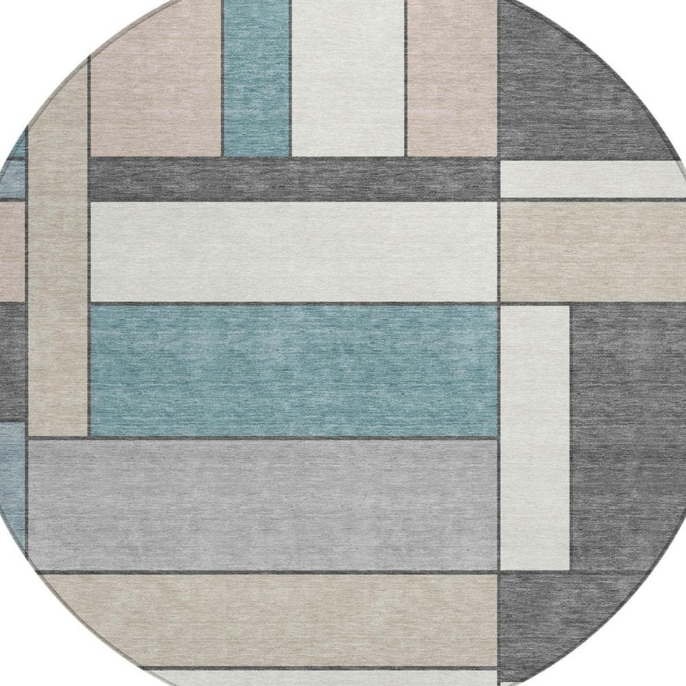 8' Gray And Graphite Round Geometric Washable Indoor Outdoor Area Rug