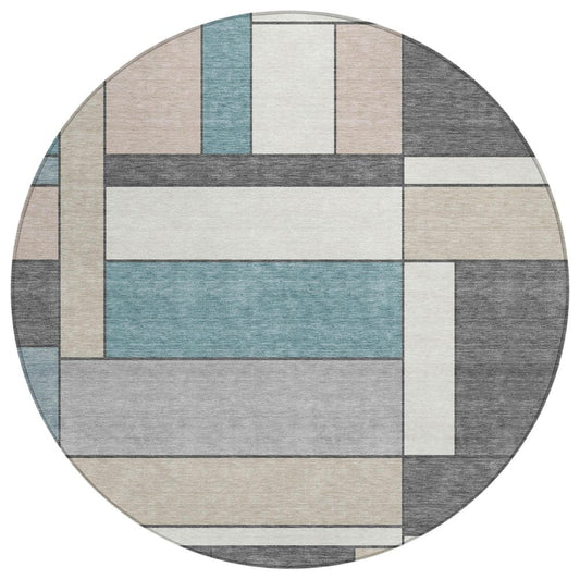 8' Gray And Graphite Round Geometric Washable Indoor Outdoor Area Rug