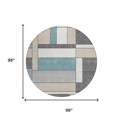 8' Gray And Graphite Round Geometric Washable Indoor Outdoor Area Rug
