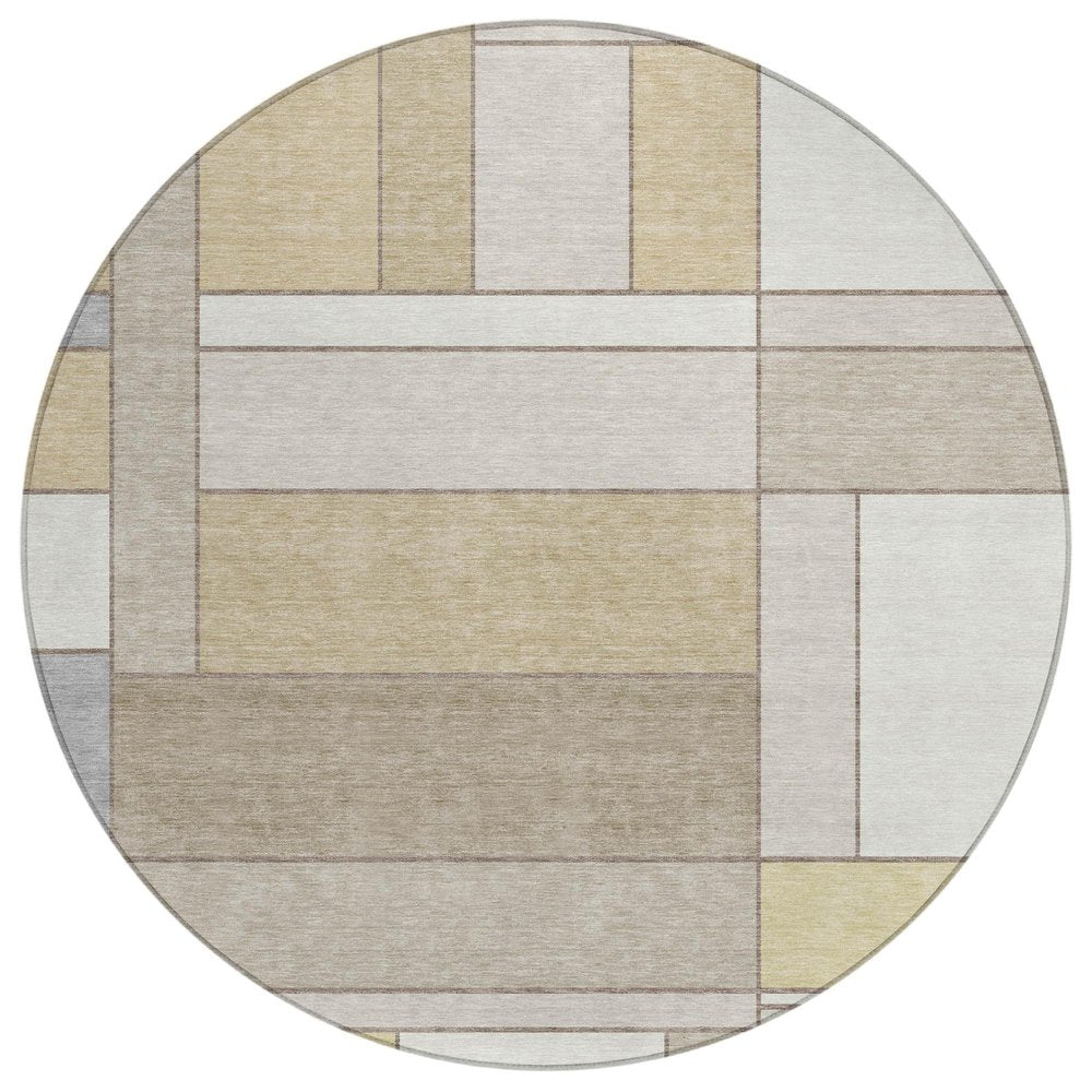 8' Ivory And Beige Round Geometric Washable Indoor Outdoor Area Rug — view 1