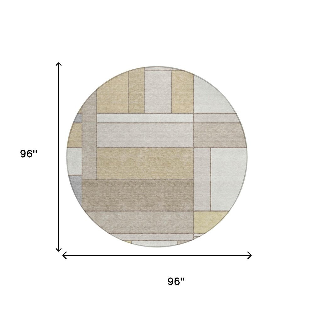 8' Ivory And Beige Round Geometric Washable Indoor Outdoor Area Rug — view 4