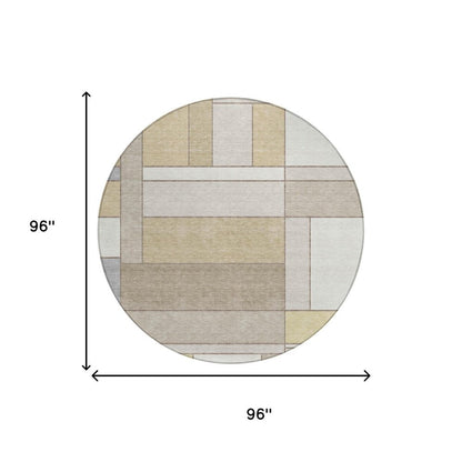 8' Ivory And Beige Round Geometric Washable Indoor Outdoor Area Rug HomeRoots