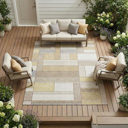 10' X 14' Ivory And Beige Geometric Washable Indoor Outdoor Area Rug HomeRoots