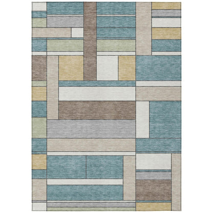3' X 5' Teal Blue And Beige Geometric Washable Indoor Outdoor Area Rug HomeRoots