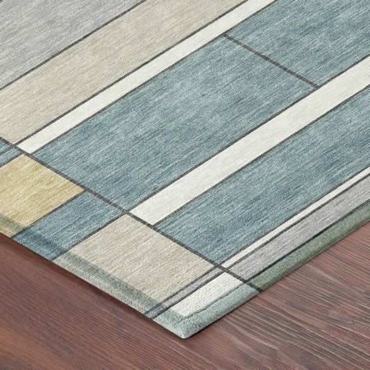 3' X 5' Teal Blue And Beige Geometric Washable Indoor Outdoor Area Rug