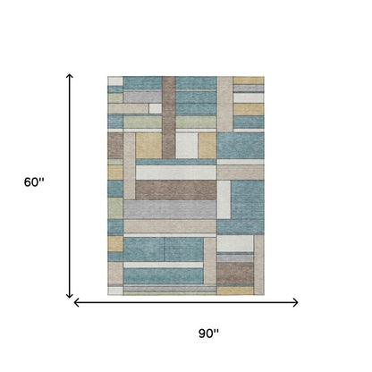 5' X 8' Teal Blue And Beige Geometric Washable Indoor Outdoor Area Rug