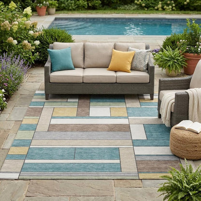 5' X 8' Teal Blue And Beige Geometric Washable Indoor Outdoor Area Rug