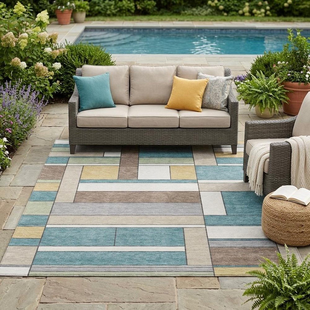 5' X 8' Teal Blue And Beige Geometric Washable Indoor Outdoor Area Rug HomeRoots