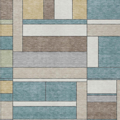 5' X 8' Teal Blue And Beige Geometric Washable Indoor Outdoor Area Rug