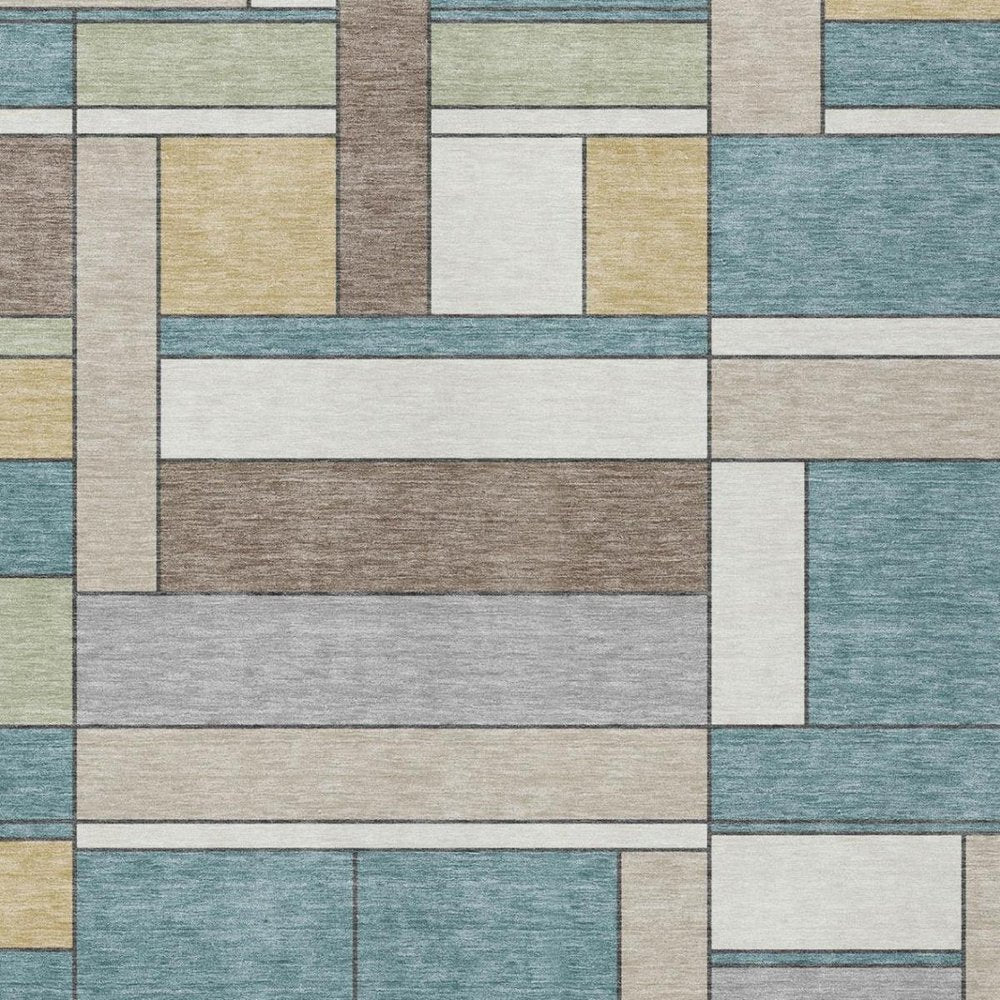 5' X 8' Teal Blue And Beige Geometric Washable Indoor Outdoor Area Rug
