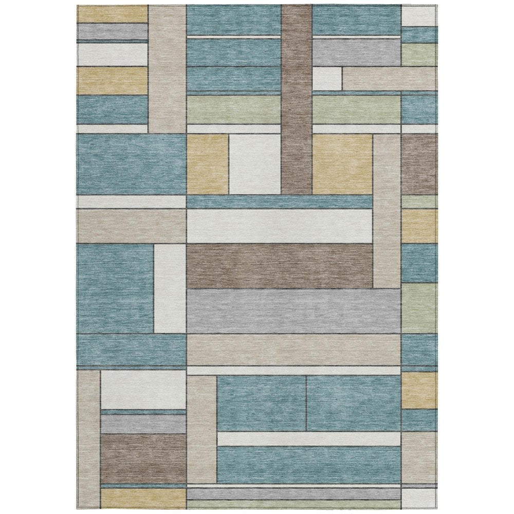 5' X 8' Teal Blue And Beige Geometric Washable Indoor Outdoor Area Rug — view 9