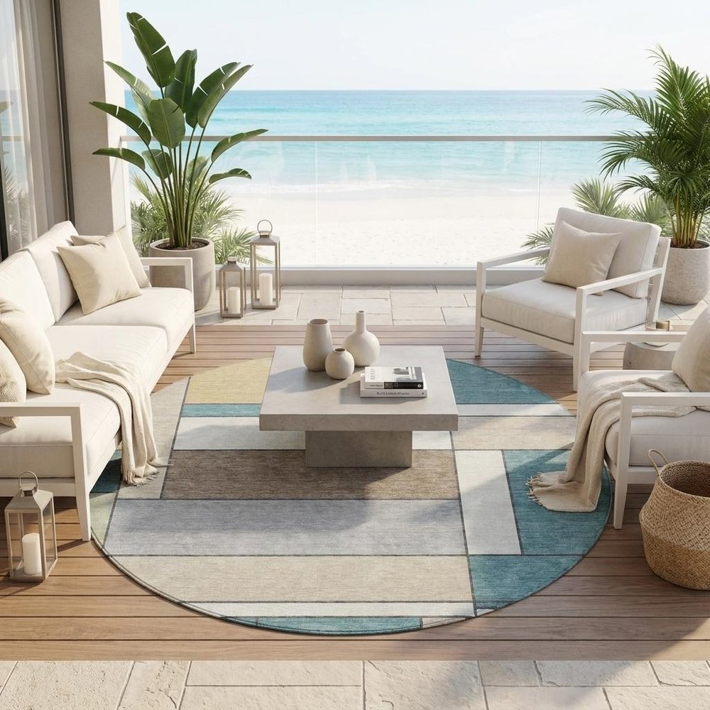 8' Teal Blue And Beige Round Geometric Washable Indoor Outdoor Area Rug HomeRoots