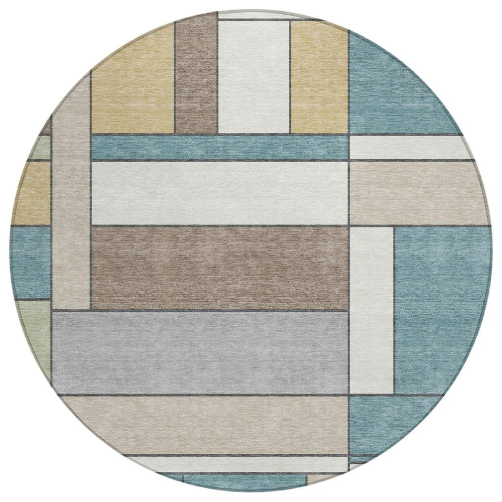 8' Teal Blue And Beige Round Geometric Washable Indoor Outdoor Area Rug — view 1