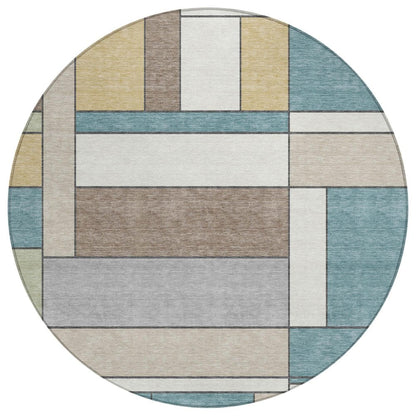 8' Teal Blue And Beige Round Geometric Washable Indoor Outdoor Area Rug HomeRoots