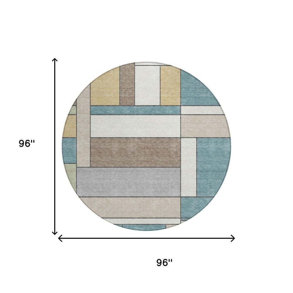 8' Teal Blue And Beige Round Geometric Washable Indoor Outdoor Area Rug — view 4