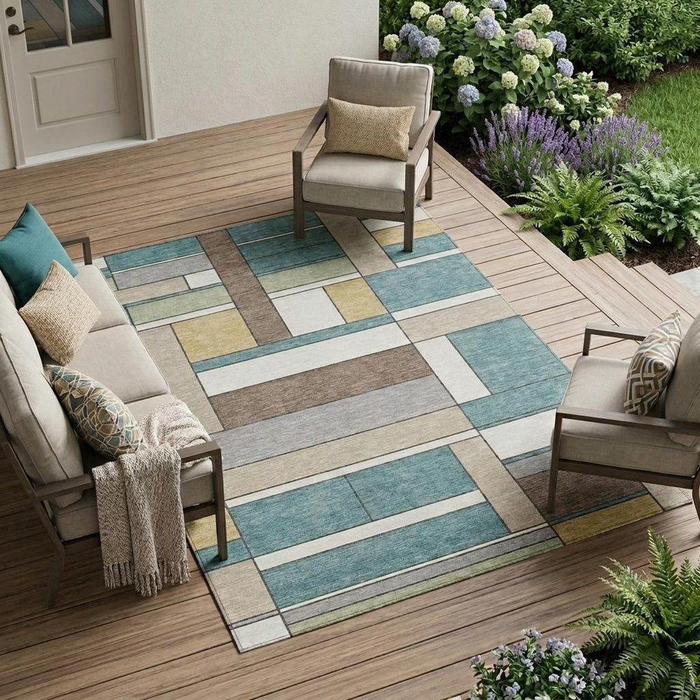 8' X 10' Teal Blue And Beige Geometric Washable Indoor Outdoor Area Rug HomeRoots