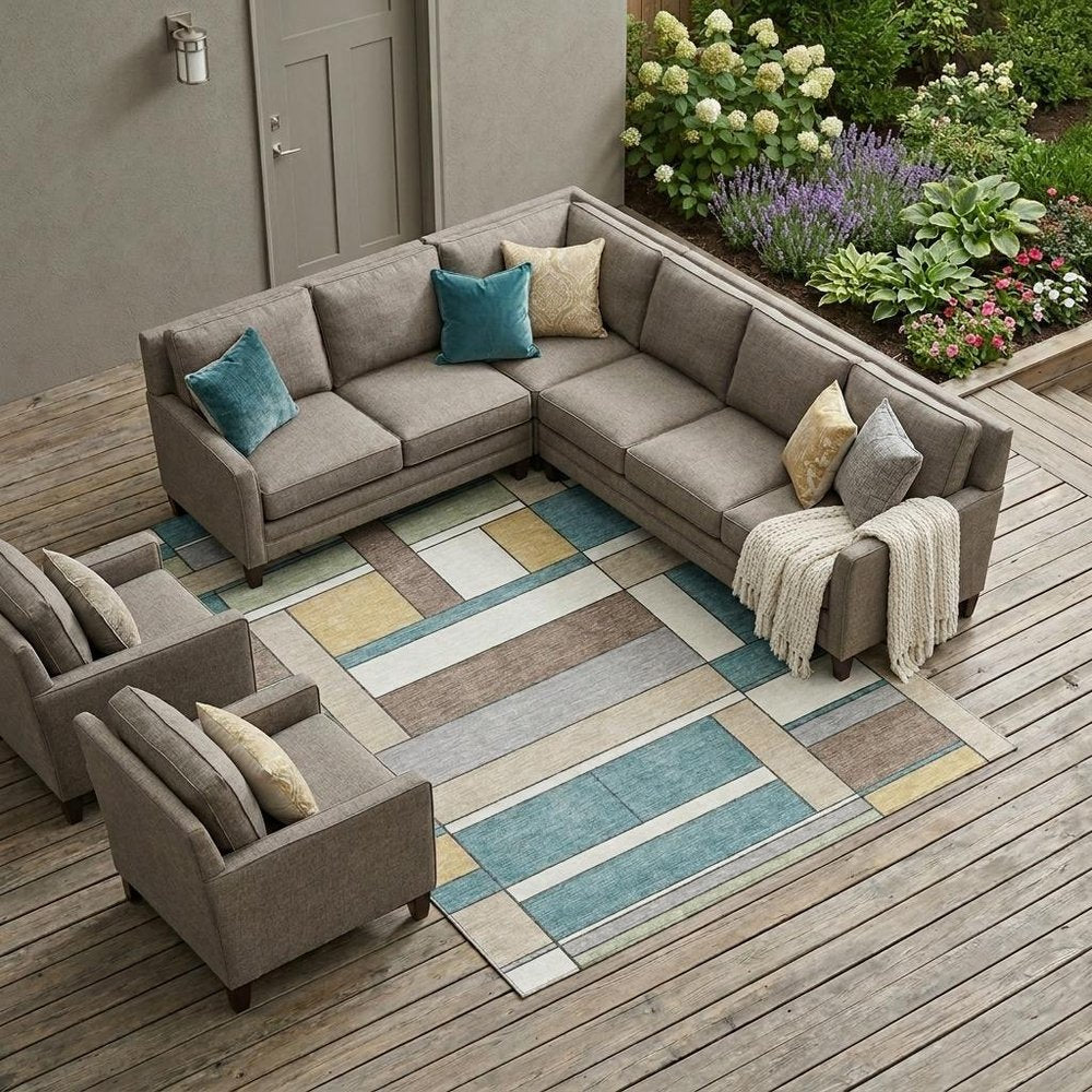 9' X 12' Teal Blue And Beige Geometric Washable Indoor Outdoor Area Rug HomeRoots